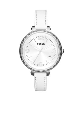Fossil Silver-Tone Stainless Steel and White Leather Heather Three-Hand Watch