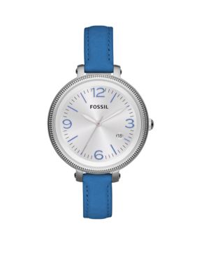 Fossil Ladies Silver-Tone Stainless Steel and Blue Leather Heather Three-Hand Watch