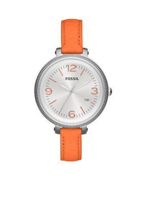 Fossil Ladies Silver-Tone Stainless Steel and Orange Leather Heather Three-Hand Watch