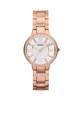 Fossil Ladies Rose Gold Tone Stainless Steel Virginia Three Hand Glitz Watch