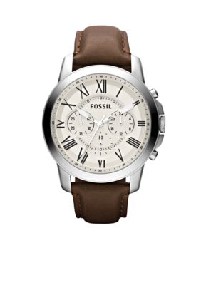 Fossil&reg; Men's Stainless Steel Silver Tone and Brown Leather Round Chronograph Grant Watch