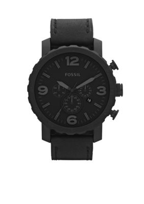 Fossil Nate Stainless Steel and Leather Watch-Black
