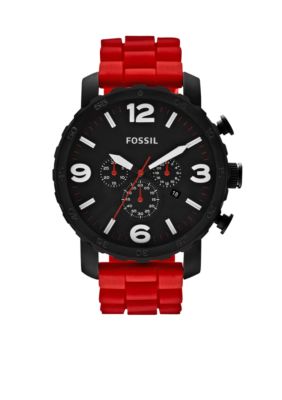 Fossil&reg; Men's Nate Red Silicone and Black Stainless Steel Chronograph Watch
