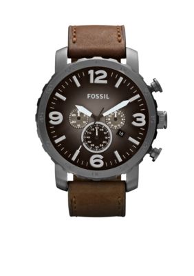 Fossil&reg; Men's Nate Brown Leather and Gunmetal Stainless Steel Chronograph Watch