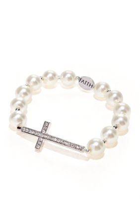 Red Camel Pearl Stretch Bracelet with Sideways Cross