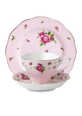 New Country Rose Vintage Pink 3-piece Tea, Saucer, & Plate Set