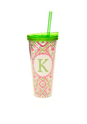 Home Accents Monogram Pink Green Ikat 22-oz. Tumbler with Straw