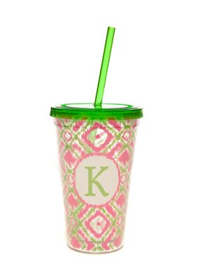 Home Accents Monogram Pink Green Ikat 16-oz. Tumbler with Straw