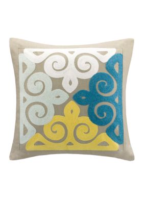 Tan Multi Colored Embroidered Square Pillow 18-in. x 18-in.