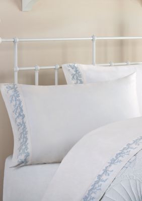 White w/Blue Embroidery Crystal Beach Queen Sheet Set