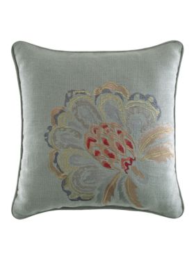 Retreat Aqua Square Multicolored Floral Motif Embroidered Fashion Decorative Pillow 14-in. x 14-in.