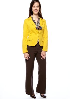 New Directions&reg; ND New Directions Petite Solid One Button Knit Blazer, Low Bow Blouse & Pant with Front Coin Pockets