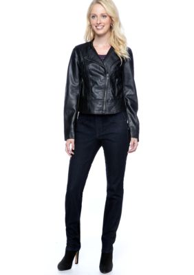 Calvin Klein Jeans Asymmetrical Zip Moto Jacket, Shimmer Fitted Knit Top & Curvy Fit Skinny Jean