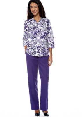 Kim Rogers&reg; Kim Rogers Petite Printed Cotton Embroidered Blouse and Petite Fit Microfiber Pant Average Inseam