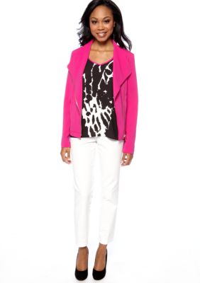 Calvin Klein Double Breasted Moto Jacket, Printed Color Block Raglan Tee & Slant Pocket Pant
