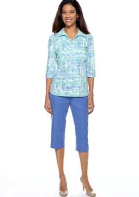 Kim Rogers&reg; Petite Kim Rogers Print Crush Burnout Plaid Blouse & Petite Microfiber Capri