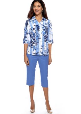 Kim Rogers&reg; Petite Kim Rogers Printed Blouse with Embroidery & Petite Microfiber Capri