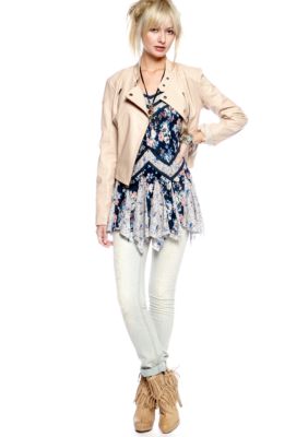 Free People Sunburst Motorcycle Jacket, Mixed Print Pieced Slip & Stove Pipe Destructed Skinny Jean