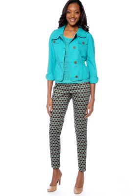 Skye's the Limit Elegant Explorer Cinched Waist Jacket, Lace Front Tank & Printed Neat Pant