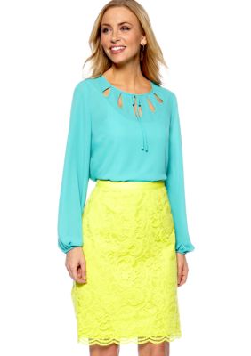 Madison Tie Neck Blouse with Cutouts & Lace Skirt