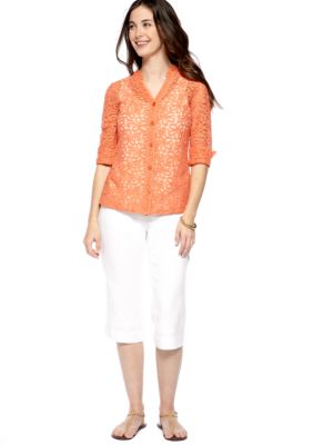 Kim Rogers&reg; Kim Rogers® Petite Lace Button Front Shirt Jacket, Crew Neck Solid Tank & Linen Drawstring Capri