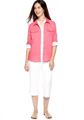 Kim Rogers&reg; Lace Button Front Shirt Jacket, Linen Button Down Top with Patch Pockets & Petite Linen Drawstring Capri