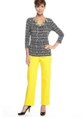 Ruby Rd Sunshine State Embellished Keyhole Linear Ethnic Print Knit Top and Sunshine State Classic Side Elastic Colored Denim