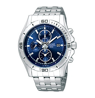 Pulsar&reg; Men's Silvertone Blue Dial Chronograph Watch