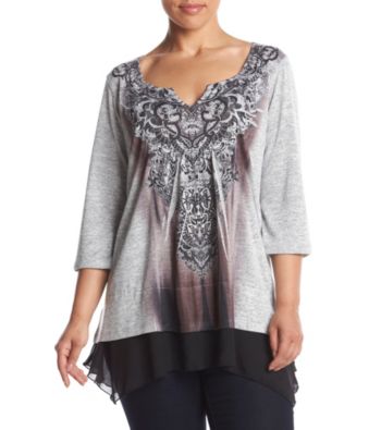 UPC 664480607175 product image for Oneworld® Plus Size Print Top With Chiffon Hem | upcitemdb.com