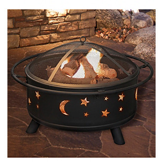 Pure Garden Black 30" Round Star and Moon Fire Pit with 