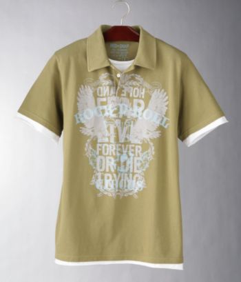 Red Snap Men's Short Sleeve Rock & Roll Faux Layered Polo - Olive Drab