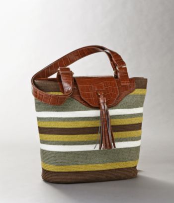 Relativity Women's Summer Straw Bucket Bag with Flap - Green Stripe