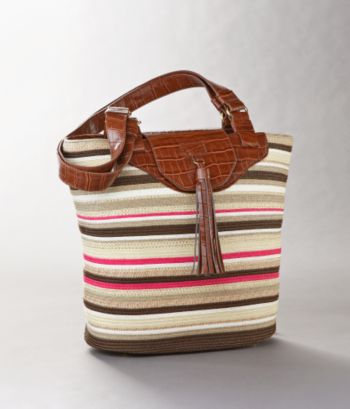 Relativity Women's Summer Straw Bucket Bag with Flap - Raspberry Stripe
