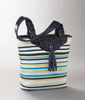 Relativity Women's Summer Straw Bucket Bag with Flap - Light Green Stripe