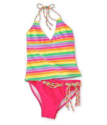 Miss Attitude Girls' 7-16 Stripe Halterkini with Belted Bottom Swimsuit - Multicolor