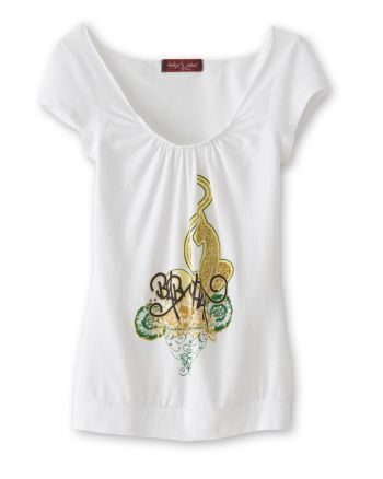 Baby Phat Juniors' Shirred Scoopneck Logo Tee - White