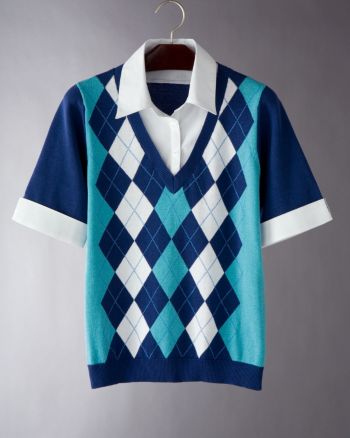 August Silk Women's Layered-look Argyle Sweater - Blue Combo