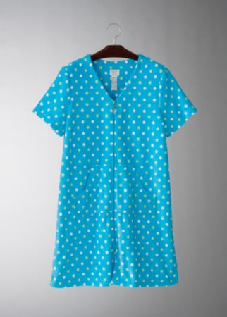 Jasmine Rose Women's Zip Front Knit Terry Robe - Aquamarine Dot