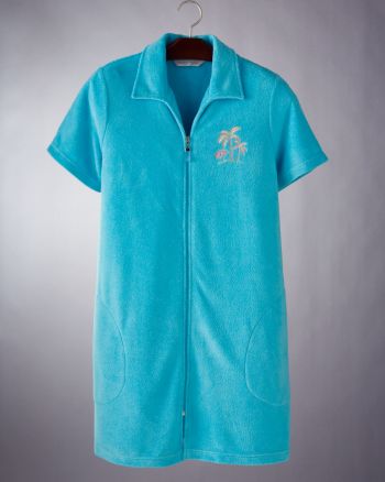 Jasmine Rose Women's Short Sleeve Zip Knit Terry Robe w/Applique - Aquamarine