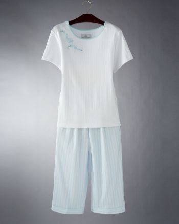 Karen Neuburger® Women's Nalani Short Sleeve Crop PJ - Aqua Stripe