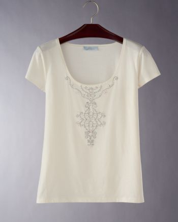 J.H. Collectibles Women's Cap-sleeve Embroidered Knit Tee - Pale Cream