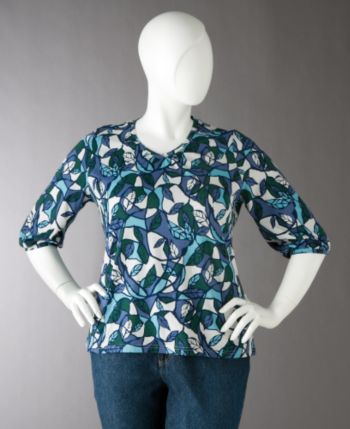 Studio Works Women's Plus Size 3/4-length Sleeve Shirred Printed V-neck Top - Teal Opal