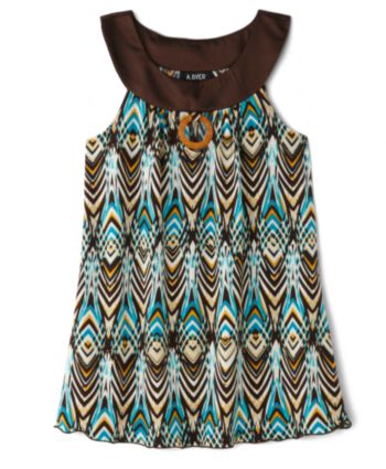 A. Byer Juniors' Slub A-line Top - Brown/Teal Print
