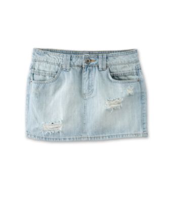 Piama Juniors' Destructed Denim Mini Skirt - Spelling Wash