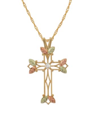 Black Hills Gold Tricolor 10K White Zircon Cross Pendant