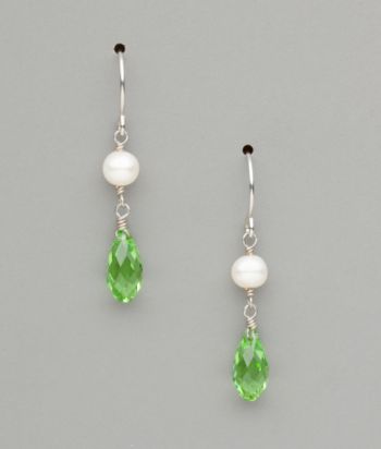 Sterling Silver Freshwater Pearl and Crystal Teardrop Earrings - Peridot