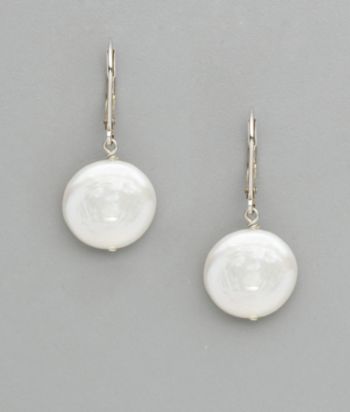 Sterling Silver Freshwater Pearl Large Coin Drop Earrings - White