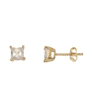 Gold Plate over Sterling Silver 5MM Princess Cut Cubic Zirconium in Basket Earring