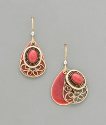 Silver Forest Red Jade Filigree Earrings