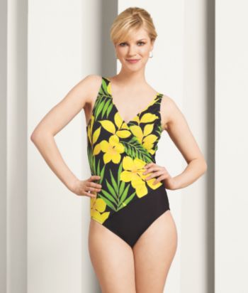 Longitude® Floral-print Surplice Swimsuit - Yellow/Black